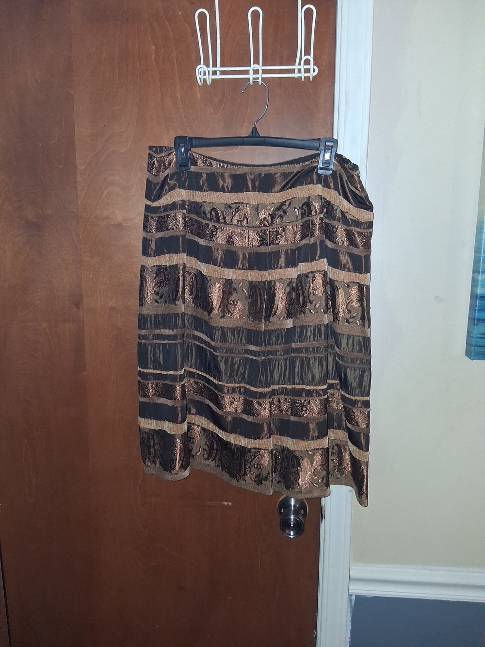 Peter Nygard Brown and Black Striped Lace-Overlay Midi Skirt